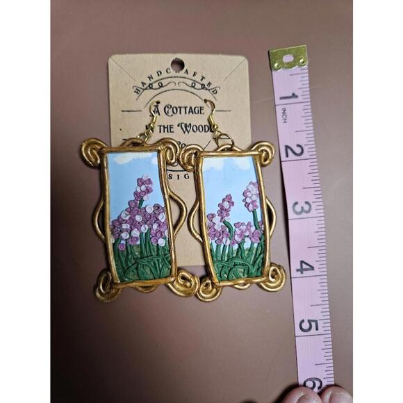 Handcrafted Polymer Clay Floral Painted Earrings with Gold Frame - Picture 2 of 2